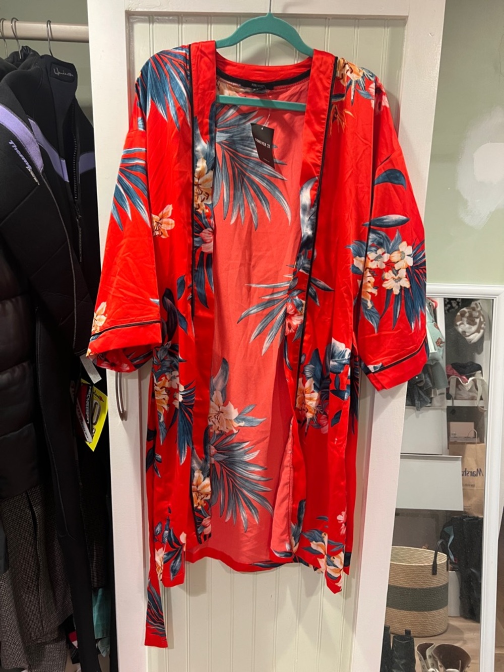 Red Floral Satin Kimono